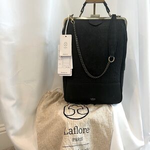 LAFLORE PARIS Bobobark black backpack with chain shoulder strap.